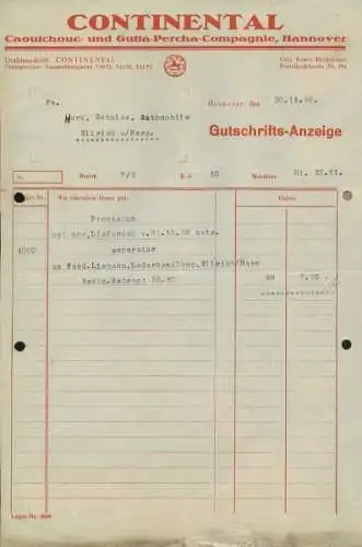 Continental Hannover Gutschrifts-Anzeige 1928/29