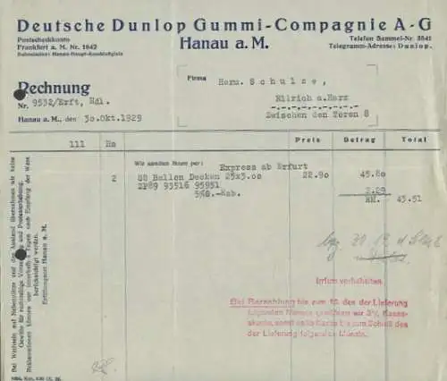 Deutsche Dunlop Gummi Companie, Hanau Rechnung 1929