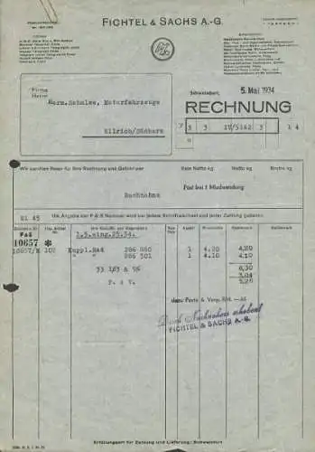 Fichtel & Sachs Rechnung 1934