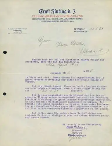 Ernst Finking, Verlags-Depot, Kunsthandlung, Leipzig Schreiben 1929