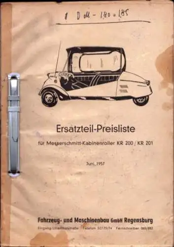 Messerschmitt KR 200 / 201 Ersatzteil-Preisliste 6.1957