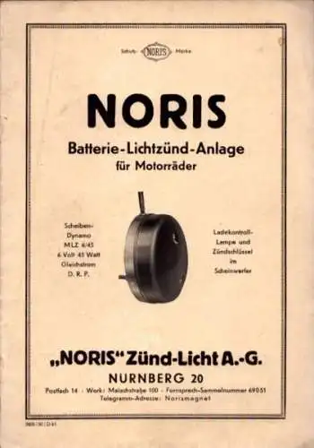 Noris Batterie-Lichtzünd-Anlage für Motorräder MLZ 6/45 1938