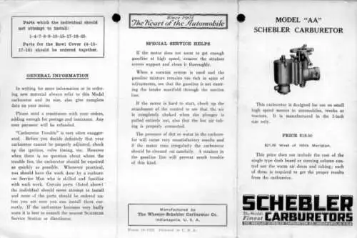 Schebler Vergaser Modell AA Ersatzteilliste 12.1925