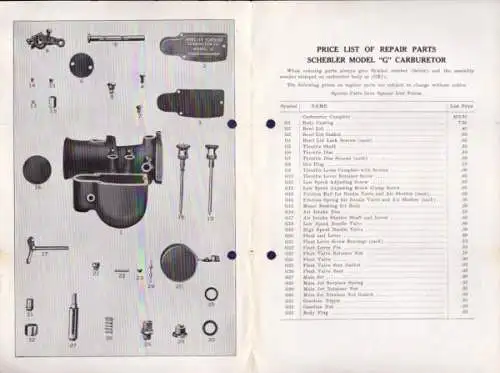 Schebler Vergaser Modell G Ersatzteilliste 10.1926