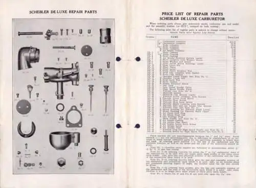 Schebler Vergaser De Luxe Modell Ersatzteilliste 10.1926