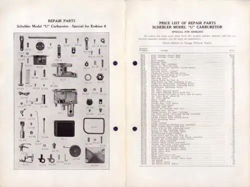 Schebler Vergaser Modell U 1 Ersatzteilliste 12.1927