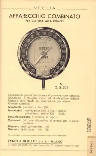 Fratelli Borletti Veglia Apparecchi per Auto Moto Avio 1949
