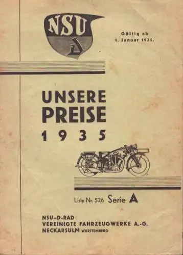 NSU Preisliste 1.1.1935