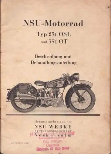 NSU 251 OSL / 351 OT Bedienungsanleitung ca. 1940
