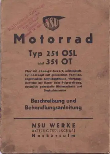 NSU 251 OSL / 351 OT Bedienungsanleitung ca. 1940