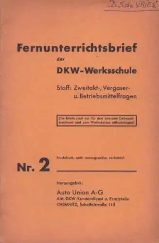 DKW Fernunterrichtsbrief der Werksschule Nr. 2 1930er Jahre