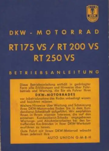 DKW RT 175 VS / 200 VS / 250 VS Bedienungsanleitung 10.1956