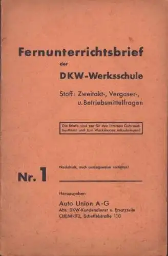 DKW Fernunterrichtsbrief der Werksschule Nr. 1 1930er Jahre