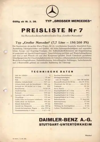 Mercedes-Benz 770 Preisliste Nr. 7 2.1938