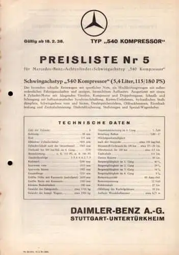 Mercedes-Benz Typ 540 K Preisliste Nr. 5 2.1938