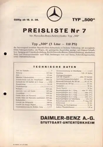 Mercedes-Benz Typ 500 Preisliste Nr. 3 2.1938
