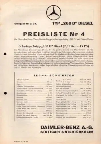 Mercedes-Benz Typ 260 D Preisliste Nr. 4 2.1938