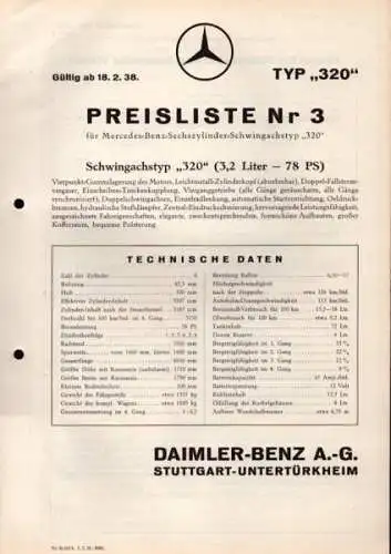 Mercedes-Benz Typ 320 Preisliste Nr. 3 2.1938