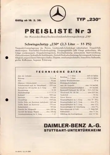 Mercedes-Benz Typ 230 Preisliste Nr. 3 2.1938