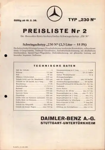 Mercedes-Benz Typ 230 N Preisliste Nr. 2 2.1938