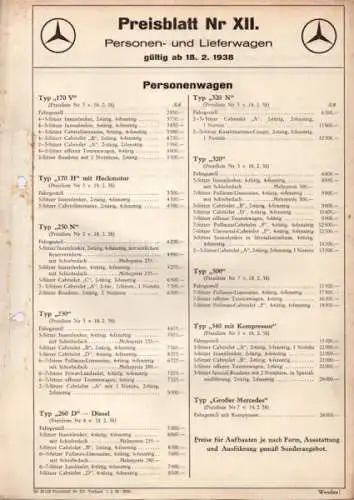 Mercedes-Benz Preisliste Nr. XII 2.1938