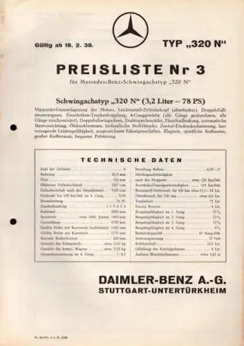 Mercedes-Benz Typ 320 N Preisliste Nr. 3 2.1938