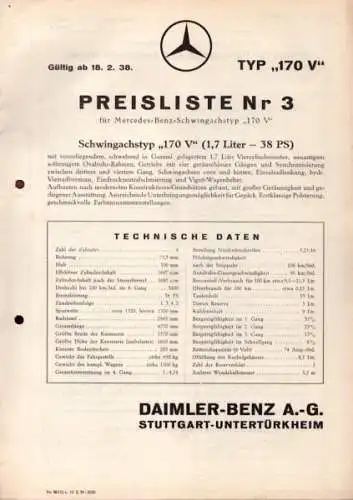 Mercedes-Benz Typ 170 V Preisliste Nr. 3 2.1938