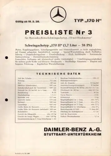 Mercedes-Benz Typ 170 H Preisliste Nr. 3 2.1938