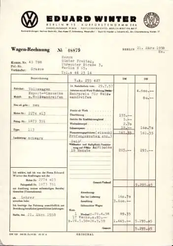 VW Käfer Kaufvertrag 1958