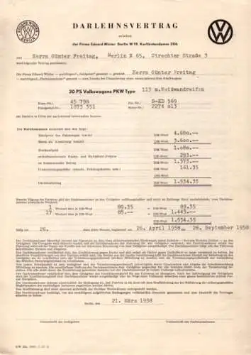 VW Käfer Kaufvertrag 1958