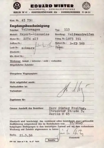 VW Käfer Kaufvertrag 1958