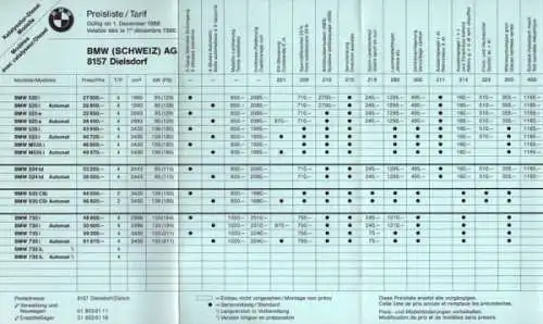 BMW Preisliste 12.1986