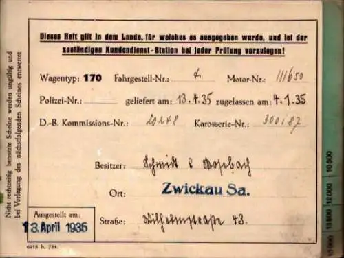 Mercedes-Benz Typ 170 Kundendienstheft 1935