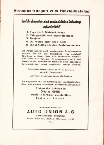 DKW Holzformteile für Holz-Karosserien ca. 1938