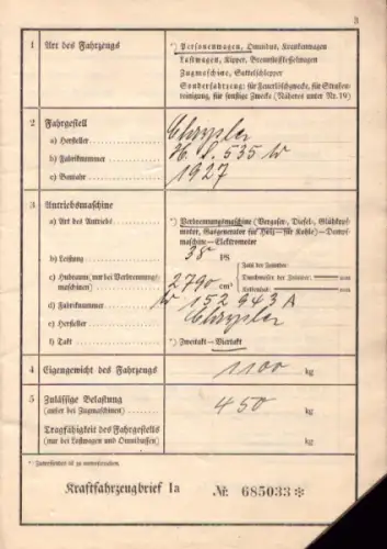 Chrysler 2790 ccm Original Fahrzeugbrief 1927 / 1936