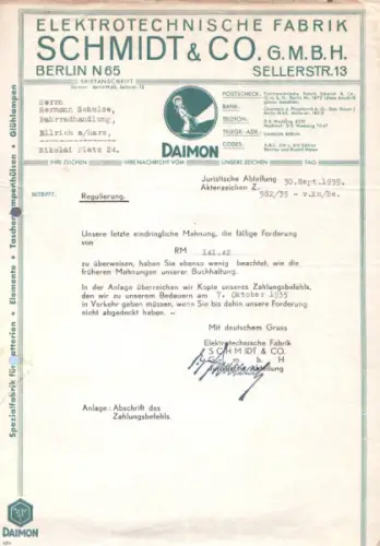 Daimon Elektrotechnische Fabrik Berlin Rechnung / Schreiben 1935 / 1941