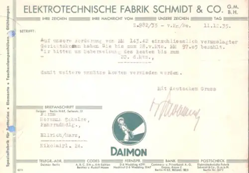 Daimon Elektrotechnische Fabrik Berlin Rechnung / Schreiben 1935 / 1941