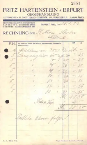 Fritz Hartenstein Erfurt Grosshandlung Rechnung 1930er Jahre