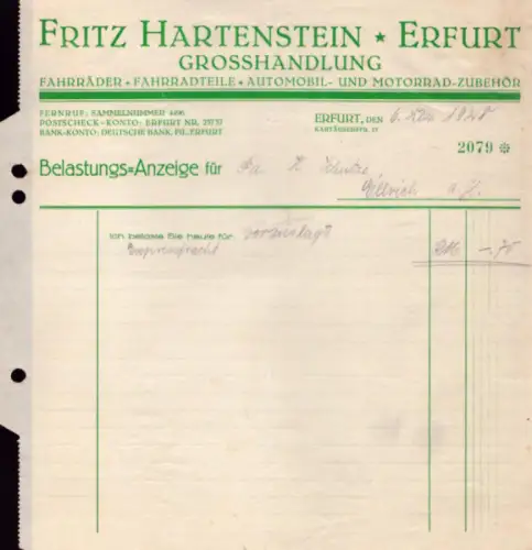 Fritz Hartenstein Erfurt Grosshandlung Belastungsanzeige 1928-1929