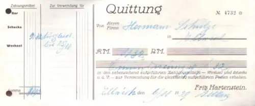 Fritz Hartenstein Erfurt Grosshandlung Quittung 1929-1932