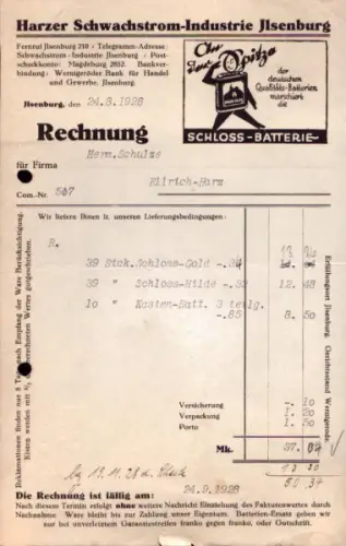 Harzer Schwachstrom Industrie Ilsenburg / Harz 2 Rechnungen 1928-1936