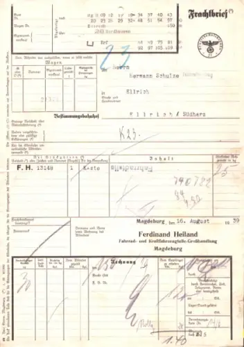 Ferdinand Heiland Fahrrad-Grosshandlung Frachtbrief 1938/39