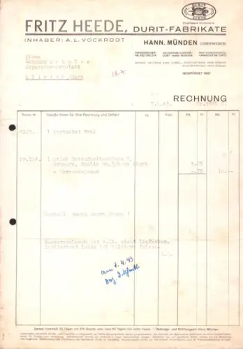 Fritz Heede Durit Fabrikate Rechnung 1943