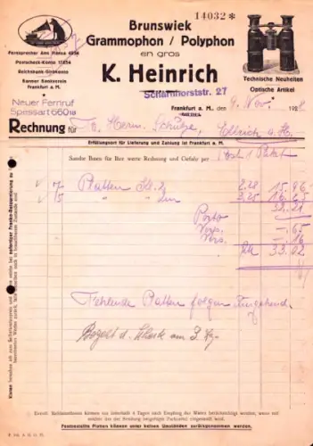 K. Heinrich Frankfurt / Main Rechnung 1928
