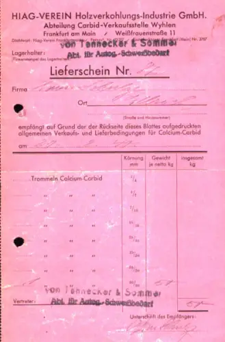 Hiag-Verein Frankfurt a. Main Lieferschein 1940