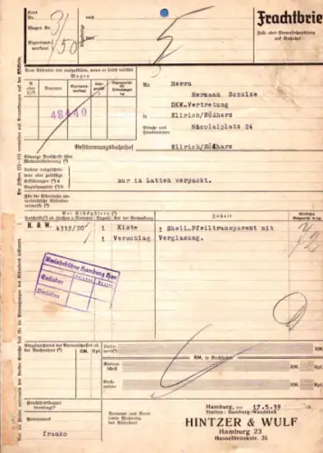 Hintzer & Wulf Hamburg Frachtbrief 1939