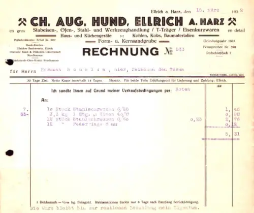 Ch. Aug. Hund Ellrich a. Harz Rechnung 1935