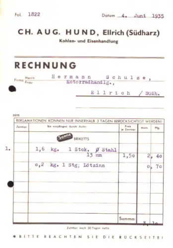 Ch. Aug. Hund Ellrich a. Harz 3 Rechnungen 1928-1935