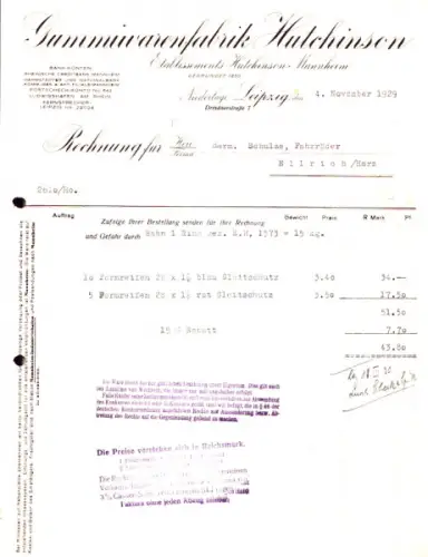 Gummiwarenfabrik Hutchinson Rechnung 1929
