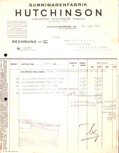 Gummiwarenfabrik Hutchinson Rechnung 1930-1932